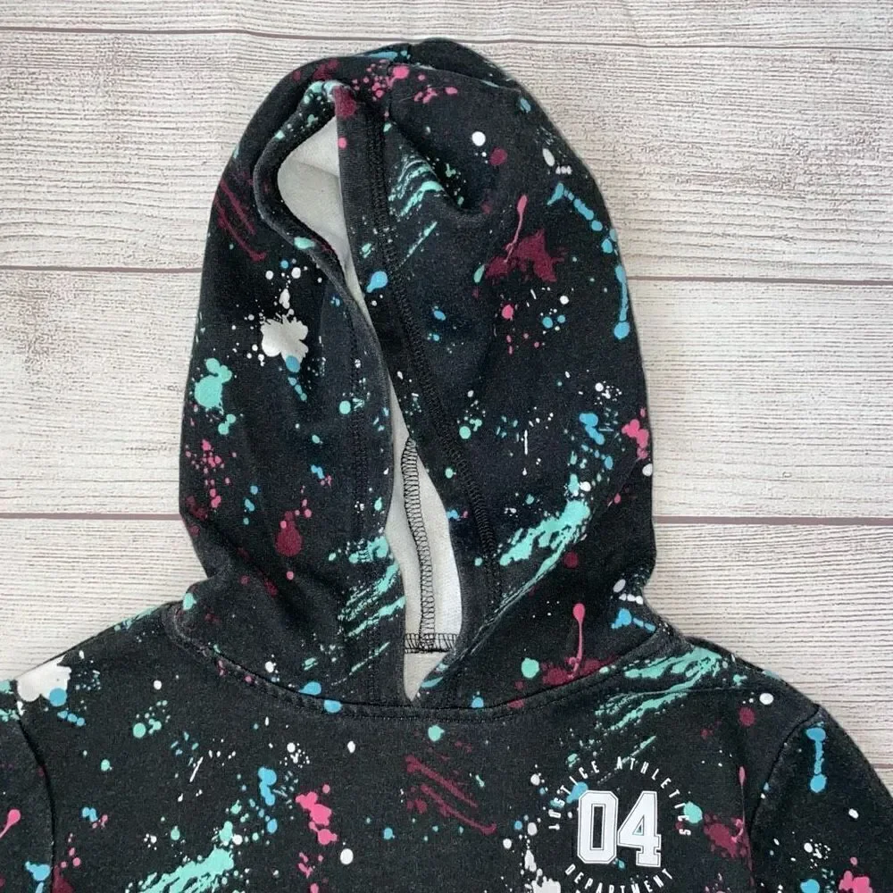 Justice active paint splatter hoodie w/bottom hem drawstring youth girls sz 6